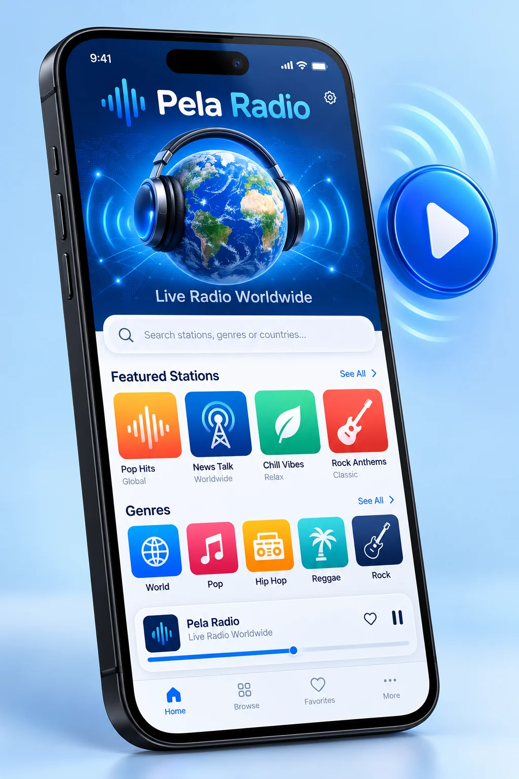 Original 3D presentation of the Pela Radio mobile app
